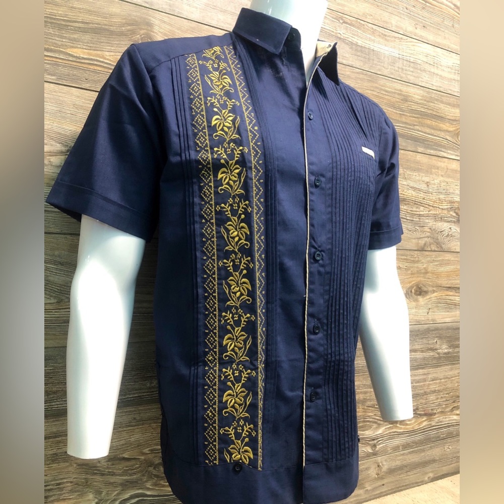 Mexican Guayabera Casual Shirt Navy Blue Short Sleeve Gold Embroidery 100% Linen